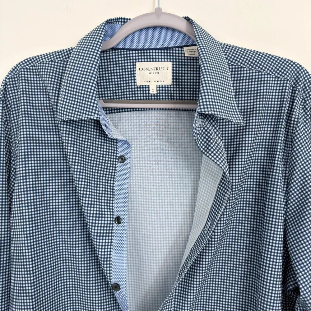 👔 **CON.STRUCT Slim Fit 4-Way Stretch Dress Shirt – Blue Micro Check – Size Lar
